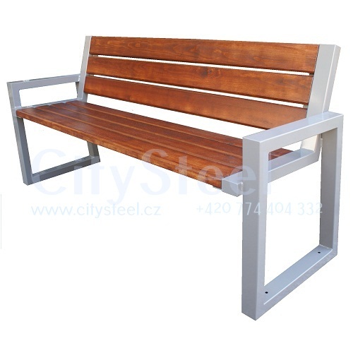 Parková nebo zahradní venkovní lavička CITYHALL s opěrkou ( Kovová konstrukce barva RAL 9006(Bílý hliník) + latí dřeva barva ořech)